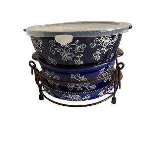 Temptations Old World Blue Floral 3-Piece Bakeware Set with Metal Rack &‎ Lid